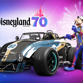Goofy wearing the purple & pink Disneyland 70th Celebration racing suit with yellow trim posing next to his kart. He is standing in front of a blue and pink and purple background with the Disneyland 70th logo and fireworks.