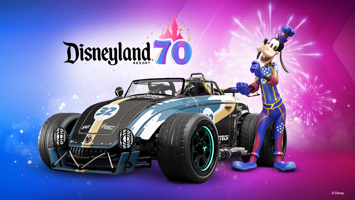 Unlock Goofy’s Disneyland® Resort 70th Celebration Racing Suit in Disney Speedstorm Goofy wearing the purple & pink Disneyland 70th Celebration racing suit with yellow trim posing next to his kart. He is standing in front of a blue and pink and purple background with the Disneyland 70th logo and fireworks.