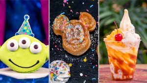 Collage of three food items from the Disneyland Resort 70th Celebration. On the left, a macaroon shaped and decorated like the Little Green Men from the Toy Story films and topped with a chocolate party hat. In the center, two Mickey Mouse-shaped waffles, topped with powdered sugar and rainbow sprinkles. On the right, Dole Whip® Pineapple served with a caramel drizzle, pineapple upside-down cake, and a maraschino cherry.