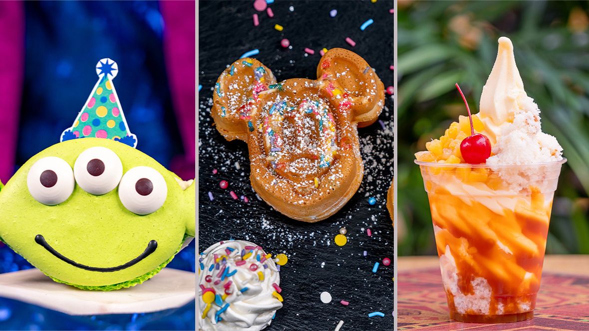 Collage of three food items from the Disneyland Resort 70th Celebration. On the left, a macaroon shaped and decorated like the Little Green Men from the Toy Story films and topped with a chocolate party hat. In the center, two Mickey Mouse-shaped waffles, topped with powdered sugar and rainbow sprinkles. On the right, Dole Whip® Pineapple served with a caramel drizzle, pineapple upside-down cake, and a maraschino cherry.