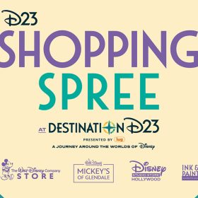 The logo for the “D23 Shopping Spree at Destination D23” event, happening at Disney’s Coronado Springs Resort at Walt Disney World Resort. The logo is a mix of purple, turquoise, and black text on a cream background, with several individual store logos at the bottom.