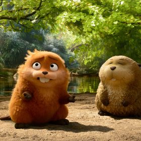 (L-R) A robotic beaver, imbued with the human consciousness of Mabel (voiced by Piper Curda) sits on the bank of a pond with a beaver, which is lighter in color. The robotic beaver is looking at something off-screen, while the other has its eyes closed. Green foliage and a dam are in the background.