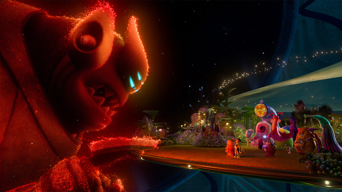 In a still from Disney and Pixar’s Elio, Lord Grigon (voiced by Brad Garrett), left, is looming over Elio (voiced by Yonas Kibreab), his son Glordon (voiced by Remy Edgerly), and several ambassadors of the Communiverse, to the right. Lord Grigon is several times the size of everyone else and is emitting a terrible shade of red that illuminates the entire scene. He’s pointing a giant finger at Elio and the others. 
