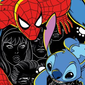 Spider-Man in his classic red and blue suit along with Stitch are crawling with a silhouette of character faces in black and white in the background.