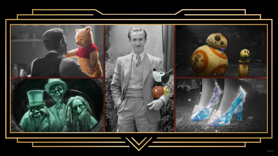 A collage-style image featuring Walt Disney holding a Mickey Mouse plush in the center, surrounded by iconic Disney characters: Winnie the Pooh with Christopher Robin, BB-8 and D-O from Star Wars, Cinderella’s glass slippers, the Hitchhiking Ghosts from the Haunted Mansion, and stylized art deco borders in black and gold.