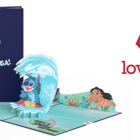 On the left side of the image is the front of a propped-up card with Stitch leaning up against a surfboard. Below him is the text that says “COWABUNGA!”. The vertical card is sitting on a version of the same greeting card that is flat & opened up. Inside the card is a laser-cut paper version of Stitch surfing on a wave with a big smile on his face. Lilo is toward the back of the card, swimming after Stitch. To the far right of the image is the Lovepop logo, which features a heart symbol inside a red laser-cut heart outline. The words “lovepop®” are written below it.