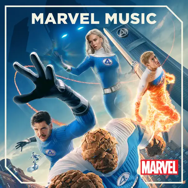 The Fantastic Four—Mr. Fantastic, Invisible Woman, Human Torch, and The Thing—pose heroically in their blue suits in front of the Baxter Building, with red cosmic trails swirling around them. The image is labeled “Marvel Music” in bold white text at the top, with the Marvel logo in the bottom right corner.