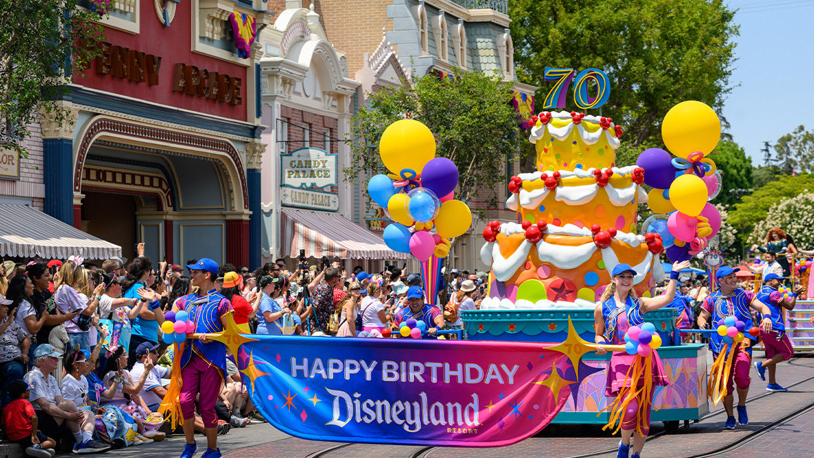 During a special 70th anniversary version of “The Celebrate Happy Cavalcade,” guests enjoy a surprise moment of singing “Happy Birthday” at Disneyland Park in Anaheim, Calif. on July 17, 2025.