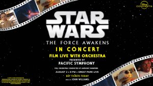 Event graphic for Star Wars: The Force Awakens in Concert. Text and film reels with stills from the movie are visible on top of a black background with dots for stars. Text center aligned reads: Star Wars: The Force Awakens in Concert Film Live with Orchestra Presented by Pacific Symphony Full Orchestra conducted by Anthony Parnther August 2 • 8 PM • Great Park Live Buy Tickets Today Music by John Williams.