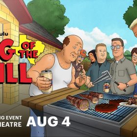 A promotional image for Hulu’s special screening event for King of the Hill at the El Capitan Theatre on August 4. King of the Hill title text is in the foreground of a backyard barbecue scene. Closest to the viewer is Boomhauer with a plate of skewers, then Bill Dauterive holding a drink while overlooking the grill. Close by are Hank Hill, and adult Bobby Hill, Dale Gribble, and Peggy Hill.