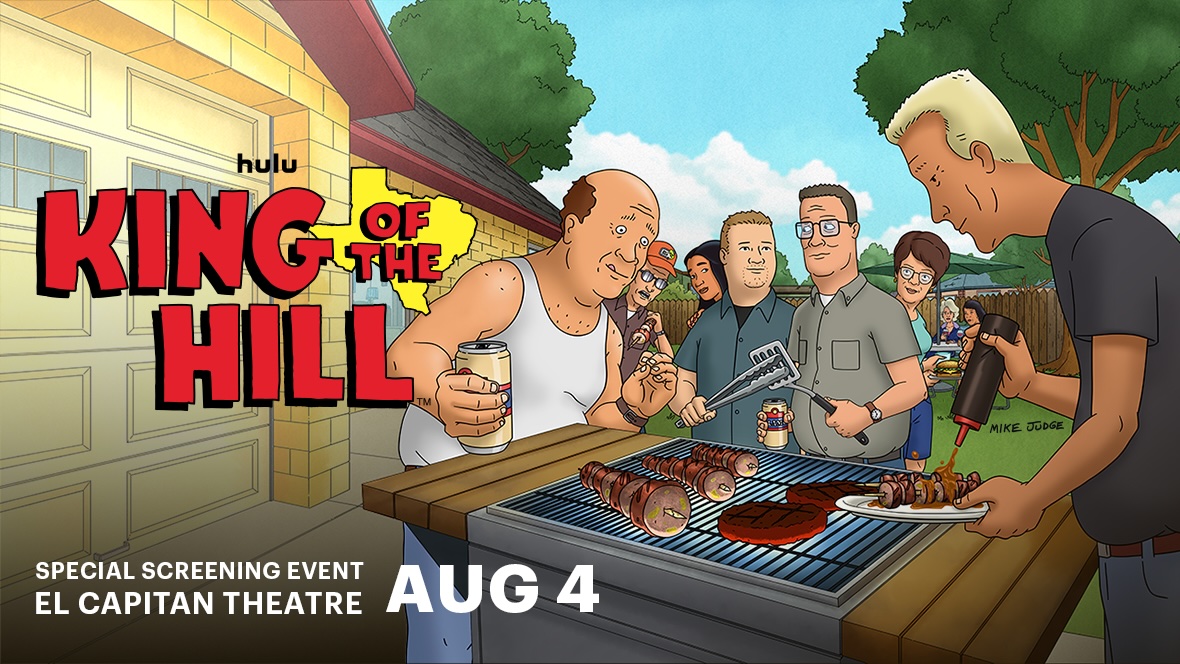 A promotional image for Hulu’s special screening event for King of the Hill at the El Capitan Theatre on August 4. King of the Hill title text is in the foreground of a backyard barbecue scene. Closest to the viewer is Boomhauer with a plate of skewers, then Bill Dauterive holding a drink while overlooking the grill. Close by are Hank Hill, and adult Bobby Hill, Dale Gribble, and Peggy Hill.