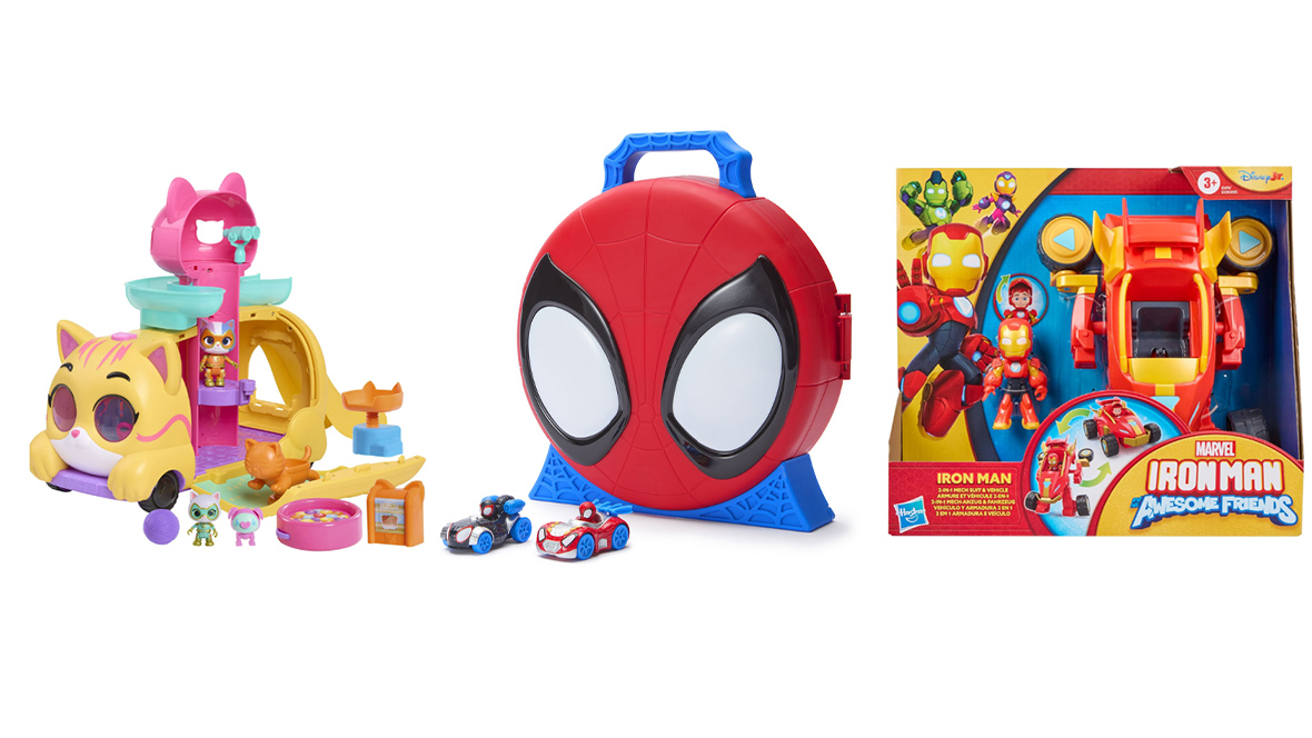 Three colorful Disney Junior preschool toys displayed side-by-side: on the left, a cat-themed playset with multiple ramps, platforms, and small animal figures; in the center, a red and blue Spider-Man face-shaped carrying case with two small toy cars; and on the right, a boxed Marvel Iron Man and His Awesome Friends set featuring an Iron Man figure and transforming vehicle.