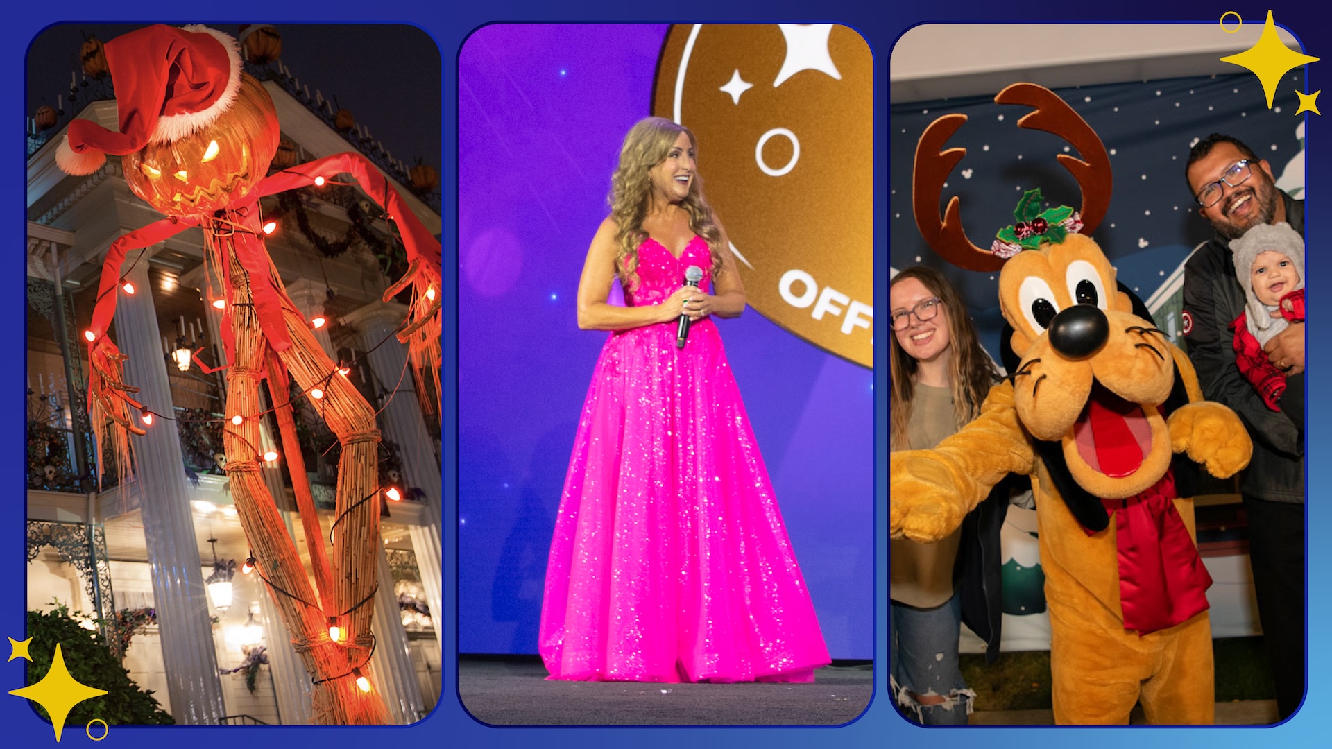 A triptych of images shows, from left to right: A Jack-Skellington-like figure made of sticks and with a pumpkin for a head, wearing a red jacket and a Santa cap, is lit with yellow lights and hangs from a post outside the Haunted Mansion attraction at Disneyland Park; an image of Jodi Benson in a pink dress on stage is in the middle; in the third image, walk-about Pluto wearing reindeer antlers, a holly cap, and a red scarf, poses with what appears to be a family with a mom, dad, and baby.