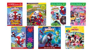 Collection of colorful Disney-themed children&rsquo;s books displayed in two rows. Top row (left to right): Go Team Spidey! featuring Spider-Man and friends; Spidey and His Amazing Friends: Halloween Heroes with a glow-in-the-dark cover; Spidey and His Amazing Friends: Webs Up! featuring Hulk and other Marvel heroes; and SuperKitties: Vanishing Valentines with four costumed kitten characters. Bottom row (left to right): Spidey and His Amazing Friends: Swing, Web, and Roll! STEAM gear book with colorful plastic gears; Spidey and His Amazing Friends: Spin Saves the Day featuring Spidey and Electro; and Disney Junior Mickey look-and-find book with Mickey and Minnie Mouse surrounded by balloons and friends.
