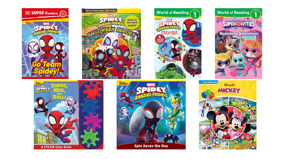 Collection of colorful Disney-themed children’s books displayed in two rows. Top row (left to right): Go Team Spidey! featuring Spider-Man and friends; Spidey and His Amazing Friends: Halloween Heroes with a glow-in-the-dark cover; Spidey and His Amazing Friends: Webs Up! featuring Hulk and other Marvel heroes; and SuperKitties: Vanishing Valentines with four costumed kitten characters. Bottom row (left to right): Spidey and His Amazing Friends: Swing, Web, and Roll! STEAM gear book with colorful plastic gears; Spidey and His Amazing Friends: Spin Saves the Day featuring Spidey and Electro; and Disney Junior Mickey look-and-find book with Mickey and Minnie Mouse surrounded by balloons and friends.