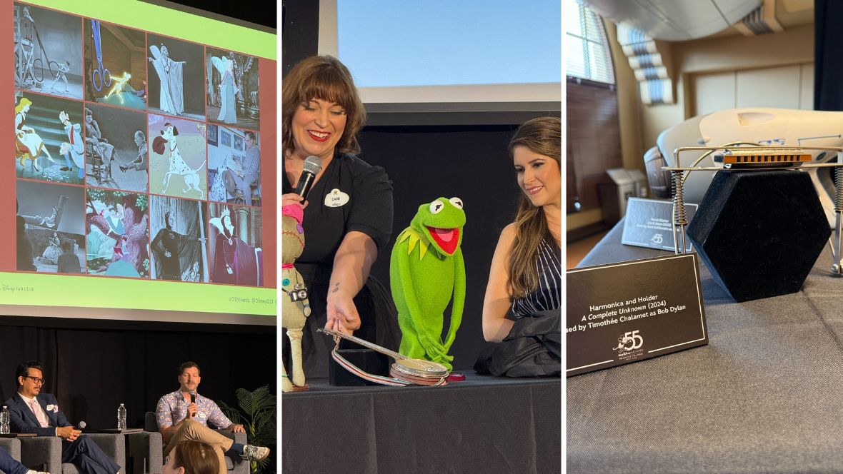 (Left): An on-stage shot from D23’s Spotlight Series event celebrating 55 years of the Walt Disney Archives. Pictured are the Walt Disney Archives’ Senior Manager Cesar Gallegos and Exhibitions Manager Matthew Adams in a navy suit and purple dress shirt, respectively. Above the speakers on a large projector screen is a photo collage of live-action reference models side-by-side with scenes from classic Disney animated films, including Peter Pan (1953), Pinocchio (1940), Cinderella (1950), One Hundred and One Dalmatians (1961), Alice in Wonderland (1951), and Snow White (1937). 

Middle): Muppets Studio and Live Characters producer Dani Iglesias shares the stage with D23 Inside Disney’s Lisa Cabello while presenting objects from the Walt Disney Archives, including a prop Scrump doll from Disney’s Lilo and Stitch (2025), Kermit’s banjo from The Muppet Movie (1979), and a smiling puppet of Kermit the Frog. The hosts smile at the objects with delight and awe.  

(Right): A close-up shot of a harmonica from A Complete Unknown (2024), which was used by Timothée Chalamet in his role as Bob Dylan for the film. The display also includes a silver harmonica rack, which holds the orange-colored instrument. Next to the display is a placard from the Walt Disney Archives describing the items; in the background is the event hall of the Grand Central Air Terminal in Glendale, California. 