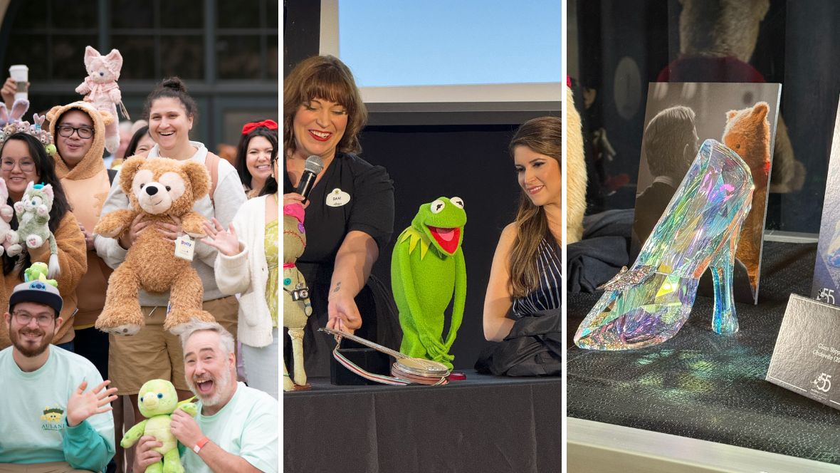 A triptych of images celebrating D23’s Spotlight Series events. In the left image, D23 Members smile and pose in front of the Grand Central Air Terminal for a fan photo opp at D23 and WDI’s Duffy and Friends event in May 2025. Many hold up Duffy character plushes like LinaBell, ‘Olu Mel, and Duffy, and are dressed in Duffy-inspired outfits. In the middle image, Muppets Studio and Live Characters producer Dani Iglesias shares the stage with D23 Inside Disney’s Lisa Cabello while presenting objects from the Walt Disney Archives, including a prop Scrump doll from Disney’s Lilo and Stitch (2025), Kermit’s banjo from The Muppet Movie (1979), and a smiling puppet of Kermit the Frog. On the right, a glass slipper from Cinderella (2015) on display during D23’s Spotlight Series event celebrating 55 years of the Walt Disney Archives. Next to the slipper is a placard from the Walt Disney Archives, and a poster image from the 2015’s Cinderella.