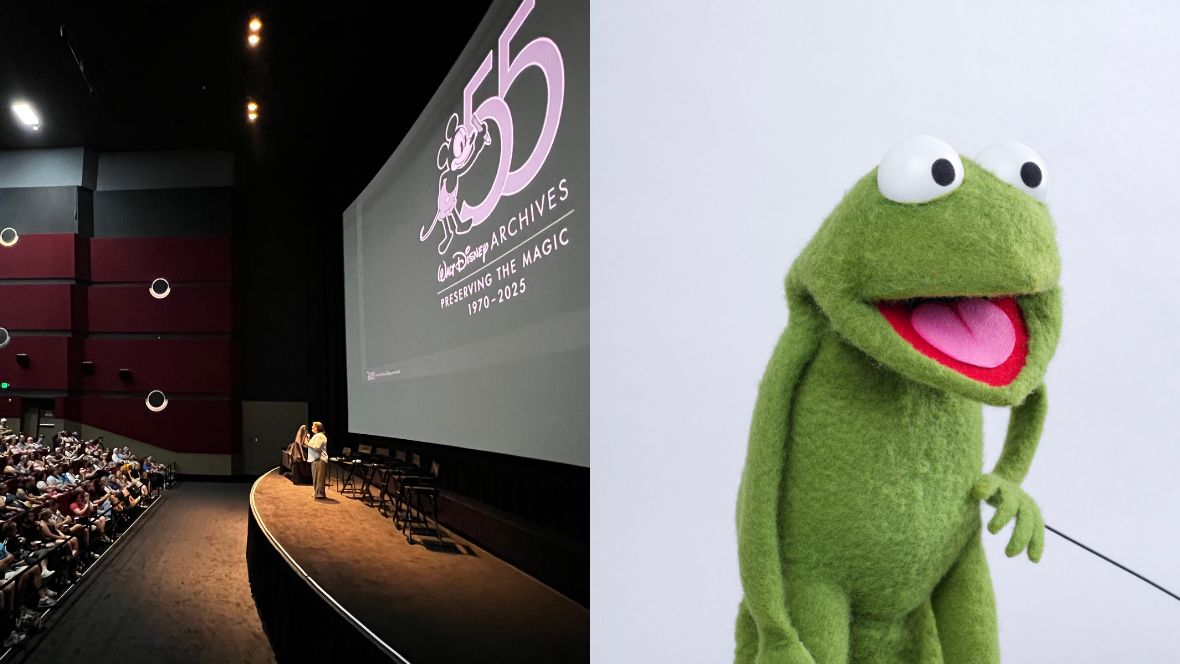 (Left): An audience and presenter image from D23’s Spotlight Series event celebrating 55 Years of the Walt Disney Archives in Orlando, Florida. In a large auditorium, D23 guests are seated in rows and listening to a presenter (Director of the Walt Disney Archives Becky Cline). Onstage are a row of director’s chairs, under a large projector screen of the event logo—a black-and-white Mickey Mouse next to a large “55” with smaller text with the Walt Disney Archives logo.

(Right): A bright close-up image of a Robin puppet from The Muppets. Robin is a small frog with prominent white eyes and black pupils on the top of his head. His mouth is open in a smile-like form. Texture-wise the puppet is made of a felt-like cloth material. His left arm is slightly raised, assisted by a thin black rod from the lower right of the image. 