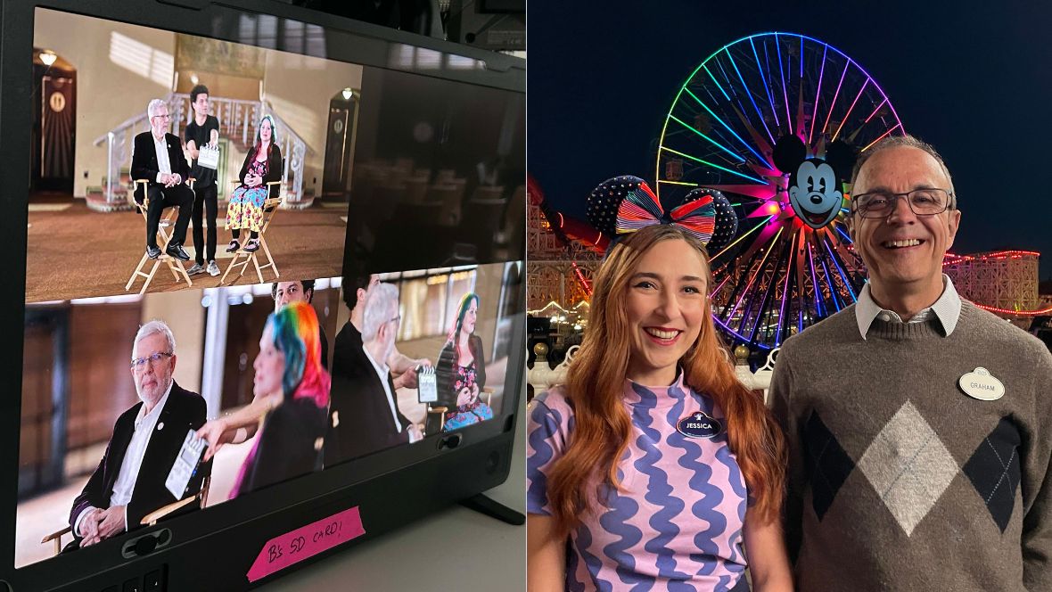 A side-by-side of images celebrating D23’s Gold Theater series. On the left, a behind-the-scenes photo from a shoot for April’s D23 Gold Theater event, “Walt Disney Archives Presents “A Beautiful Tomorrow—Just a Dream Away: Disney at the 1964–65 New York World’s Fair.” From a monitor, Leonard and Jessie Maltin appear onscreen from three different camera angles; Leonard in black business formal attire, and Jessie in a colorful blue and purple dress and black cardigan. On the right, D23’s Jessica McDonald and Disney producer and author Graham Allen smile for a photo at Pixar Pier at Disney’s California Adventure during a shoot for May’s D23 Gold Theater event, “Magic After Dark: The Story of Disney’s Nighttime Spectaculars.” Behind the two is a clear view of the Pixar Pal-Around, featuring the face of Mickey Mouse and rainbow colors on the spokes of the Ferris wheel. Jess wears a colorful pair of Minnie ears, and a lavender and purple shirt with squiggle stripes. Graham wears a brown, blue, and white argyle sweater. 