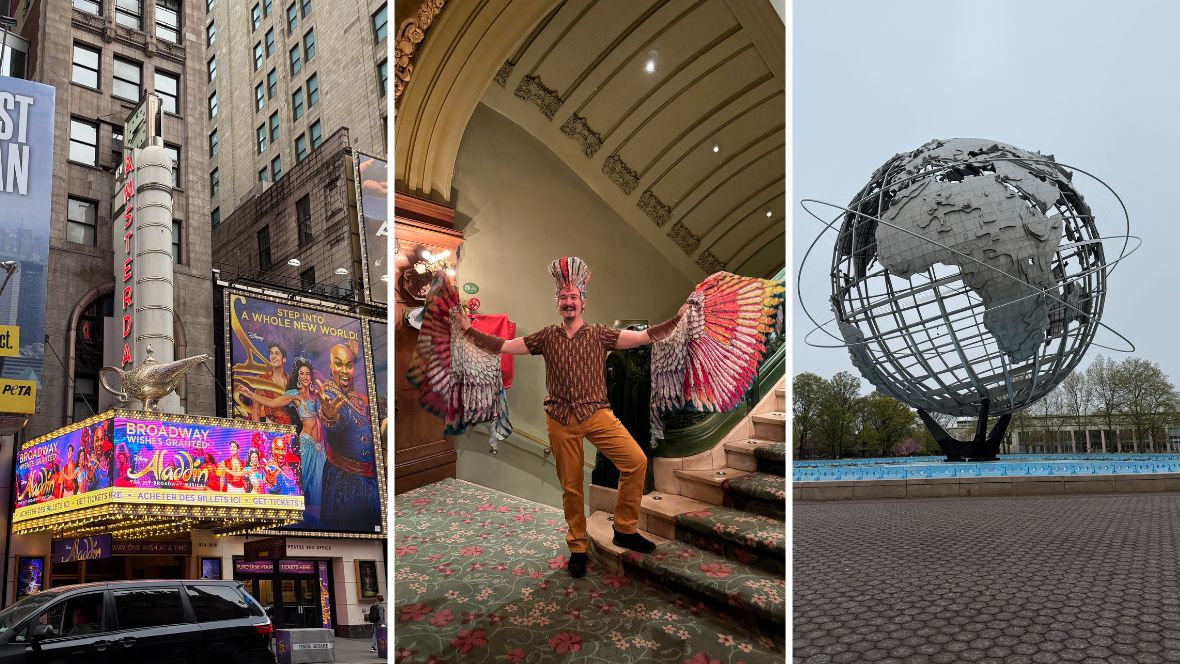 A triptych of images celebrating this spring’s Signature Events from D23. On the left, a street-view photo of the New Amsterdam Theatre in New York City. On the theater’s marquee is a bright display advertising Aladdin on Broadway with images of the cast, including the Genie, Jasmine, and Aladdin. A larger version of the marquee display is shown to the right of the theatre on a neighboring building. On top of the marquee is a large model of the Genie’s lamp. In the middle, a D23 fan excitedly dons the Scuttle costume from Disney’s onstage production of The Little Mermaid during D23’s tours of the New Amsterdam Theatre in New York City. The focal points of the costumes are the large white and brown wings with red and yellow feathers, worn on the forearms. On the right, an image of the Unisphere in Queens, New York City, taken during D23’s event at the Queens Museum in April 2025. The stainless steel structure is mostly hollow, with the world’s continents in large stainless steel relief— in this particular angle, a view of Africa, parts of Europe, and the Middle East. Encircling the globe are large arcs that float above the sculpture, which rests entirely above a shallow pool in Flushing Meadows Corona Park.