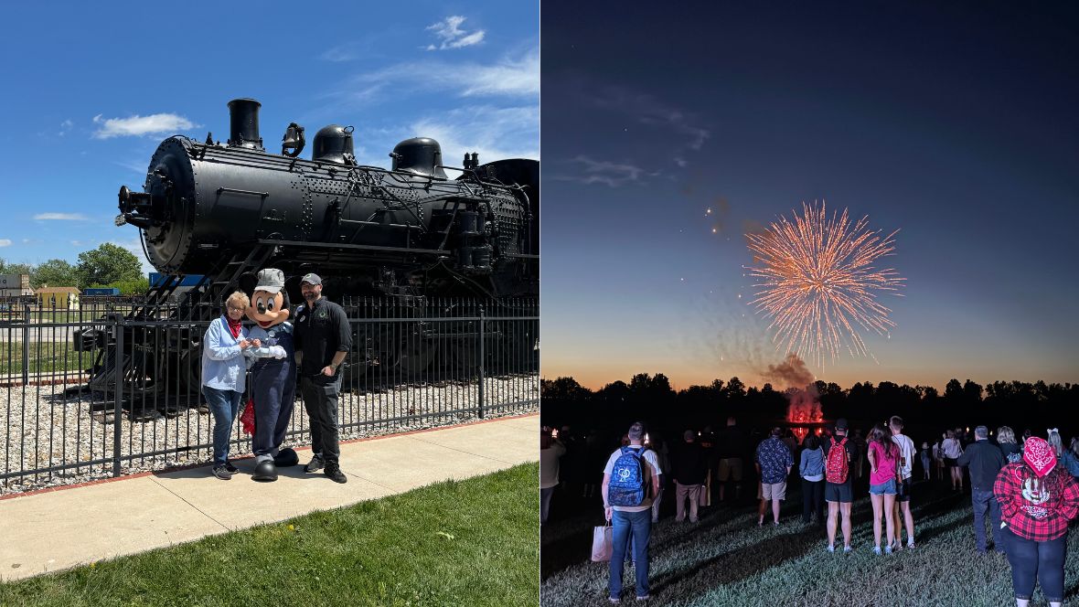 Side-by-side images celebrating D23’s event in Marceline, MO. On the left, fans pose with Train Engineer Mickey in front of a large black steam train. Mickey is dressed in denim overalls, a pale blue dress shirt, and a small gray cap. On his right, a woman in a light blue long-sleeve and jeans, and on his right, a man dressed all in black and a gray cap. On the right, an image of fans at the Walt Disney Family Farm enjoying a fireworks display at dusk. In the sky, a large orange starburst of fireworks. The fans are dressed in summer attire, including shorts and t-shirts.