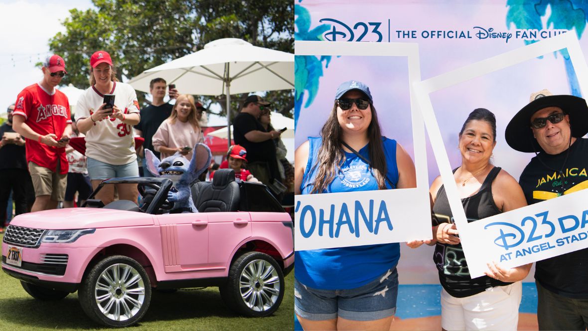 A side-by-side image celebrating D23 Day at Angel Stadium. On the left, Robo Stitch from Disney’s Lilo and Stitch (2025) is see in a small pink Jeep, being enjoyed by fans in various Angels attire in shades of white, red, and blue. On the right, fans pose at a Lilo and Stitch-themed photo op. A fan in a blue tank top, denim shorts, sunglasses and a blue cap holds a polaroid photo prop reading “‘Ohana”, with the photo portion hollowed out to see their face. Similarly, two fans in a black tank top and black t-shirt with sunglasses and a large sun hat pose with a polaroid photo prop reading “D23 Day at Angel Stadium.”