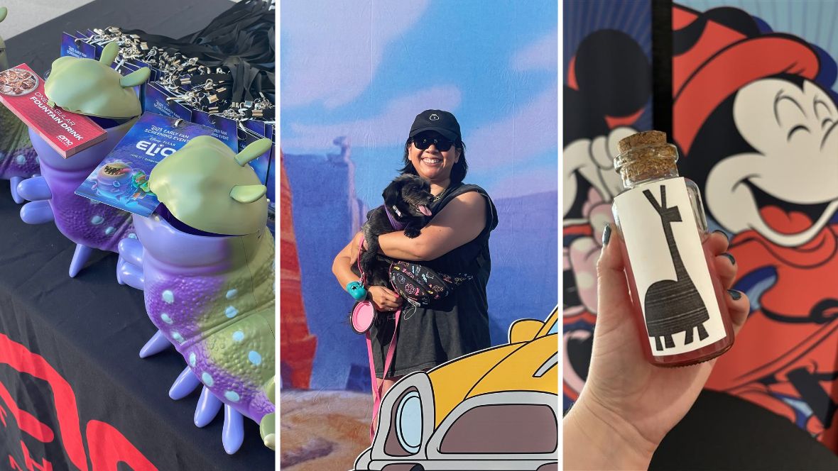 A triptych of images celebrating D23’s recent screenings. On the left, three Glordon popcorn buckets pose at the D23 giveaway table at a D23 screening event for Elio at AMC Burbank 16 in Burbank, CA. Two Glordons hold popcorn and drink vouchers in their mouths, while another holds a guest credential with an image of Glordon and Elio on a cosmic-inspired background. In the middle, a fan and her dog pose with a Goofy Movie-themed photo op of D23 and Street Food Cinema’s A Goofy Movie screening event in June 2025. On the right, an image featuring Fork n’ Film’s Emperor’s New Groove-inspired drink, a pink liquid in a potion bottle with a large cork and a paper label with a large black llama. Behind them are D23’s pull-up banners of Minnie Mouse and Sorcerer Mickey. 