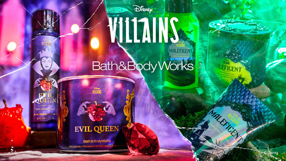 A Bath & Body Works promotional image of candles, hand soap, fine fragrance mist and body cream from The Disney Villains Collection by Bath & Body Works.
