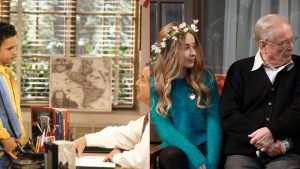 Two image collage. On the left, Cory Matthews (Ben Savage) and George Feeny (William Daniels) in Boy Meets World (1993-1999). Cory is wearing a blue vest over a yellow shirt and is sitting in front of the desk Feeny is sitting behind. On the right, Maya Hart (Sabrina Carpenter), George Feeny (William Daniels), and Riley Matthews (Rowan Blanchard) in Girl Meets World (2014-2016). Maya and Riley are sitting on either side of Feeny and wearing flower crowns while talking to him.