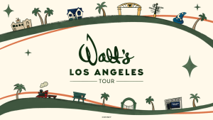 A promotional image for D23 and the Walt Disney Archives&rsquo; &ldquo;Walt&rsquo;s Los Angeles Tour&rdquo; event. The event title occupies the center of the image, with &ldquo;Walt&rsquo;s&rdquo; in a font evoking Walt Disney&rsquo;s signature. On a cream background, the top and bottom of the image are framed by large green brushstrokes with orange accents evoking soft hills, with palm trees and various Walt Disney-related imagery atop, including the gates of the Walt Disney Studio Lot, the Sorcerer Mickey hat, and more.
