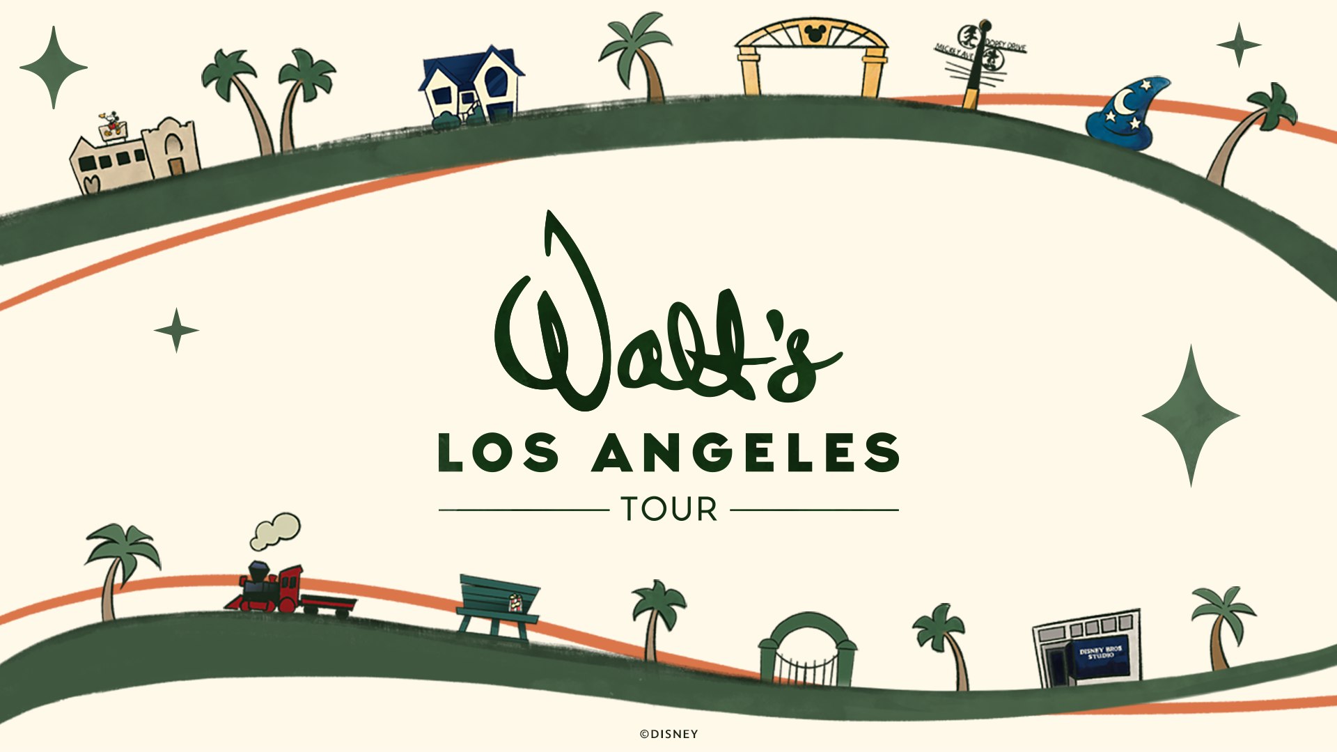A promotional image for D23 and the Walt Disney Archives’ “Walt’s Los Angeles Tour” event. The event title occupies the center of the image, with “Walt’s” in a font evoking Walt Disney’s signature. On a cream background, the top and bottom of the image are framed by large green brushstrokes with orange accents evoking soft hills, with palm trees and various Walt Disney-related imagery atop, including the gates of the Walt Disney Studio Lot, the Sorcerer Mickey hat, and more.
