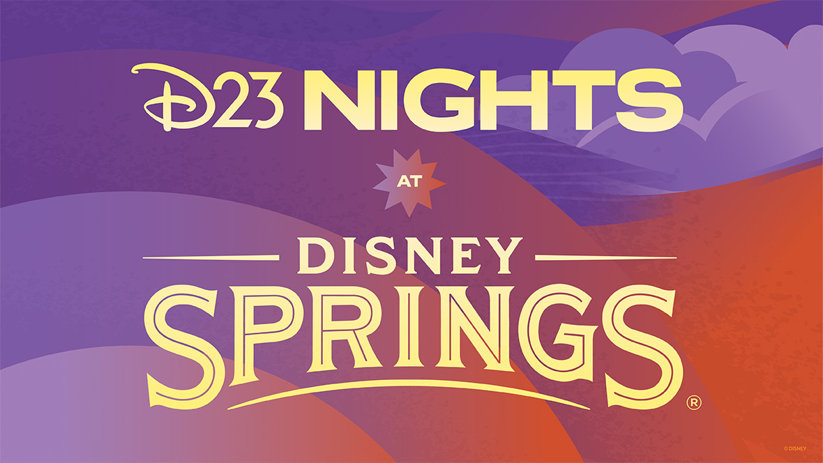 The words D23 Nights at Disney Springs appear in yellow in a variety of fonts and sizes against a background of purples and rust blocs of color resembling a rainbow and clouds.