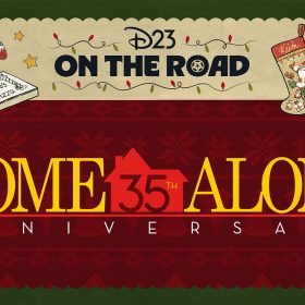 A promotional image for D23 On the Road: Home Alone. The D23 On the Road logo is surrounded by Christmas lights and images of iconic objects from Home Alone, including the Kenosha Kickers van, a Little Nero’s Pizza box, a stocking belonging to Kevin, an iron, a paint can, and various ornaments. Also featured is the film’s title, with large yellow serif lettering spelling “Home Alone,” and a clipart representation of the McCallister house in red with “35th” spelled into it. In the background is a festive maroon print evoking holiday knitwear.