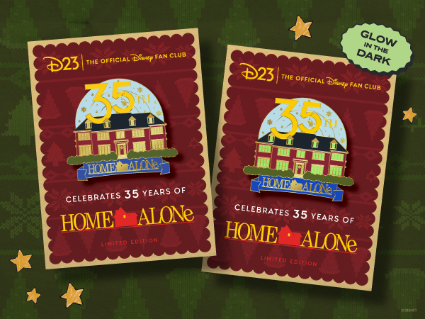 An image of a pin that features Kevin's home from the movie Home Alone. On the right is a glow-in-the-dark-version-of-the-pin
