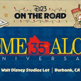A promotional image for D23 On the Road: Home Alone. In the festive image, the D23 On the Road logo is surrounded by Christmas lights and images of iconic objects from Home Alone, including the Kenosha Kickers van, a Little Nero’s Pizza box, a stocking belonging to Kevin, an iron, a paint can, and various ornaments. Also featured is the film’s title, with large yellow serif lettering spelling “Home Alone”, and a clipart representation of the McCallister house in red with “35th” spelled into it. In the background is a festive blue print evoking holiday knitwear.