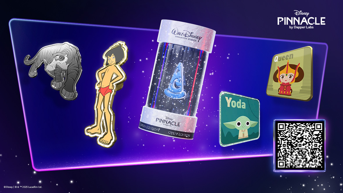 A Disney Pinnacle promotional image of a Mystery Capsule and digital pins, with a QR code providing a free digital pin plus $10 in Dapper Balance credit. For newly created accounts only and limited to one per account.