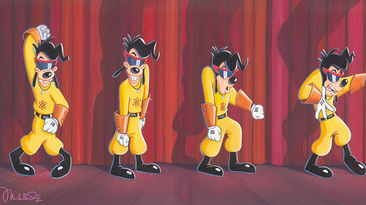 Four different poses of Goofy doing the Powerline moves from the Goofy Movie. Goofy is wearing a yellow jumpsuit, black boots and sunglasses on a mahogany colored stage with red curtains behind him.