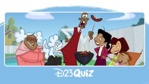A still animation image depicts the main characters of The Proud Family (2001–2005) standing outside. From left to right, we see: Suga Mama is holding her dog, Puff, who is biting Oscar Proud while he’s grilling sausages on a barbeque. Bebe sits on the ground and has a baby bottle in his mouth. Penny is look at the barbecue with her hands on her hips. Trudy sits in a lawn chair holding Cece, who is pointing and laughing at Oscar.