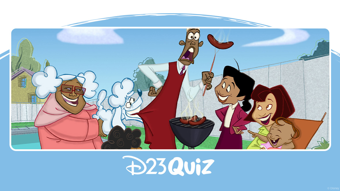 A still animation image depicts the main characters of The Proud Family (2001–2005) standing outside. From left to right, we see: Suga Mama is holding her dog, Puff, who is biting Oscar Proud while he’s grilling sausages on a barbeque. Bebe sits on the ground and has a baby bottle in his mouth. Penny is look at the barbecue with her hands on her hips. Trudy sits in a lawn chair holding Cece, who is pointing and laughing at Oscar.