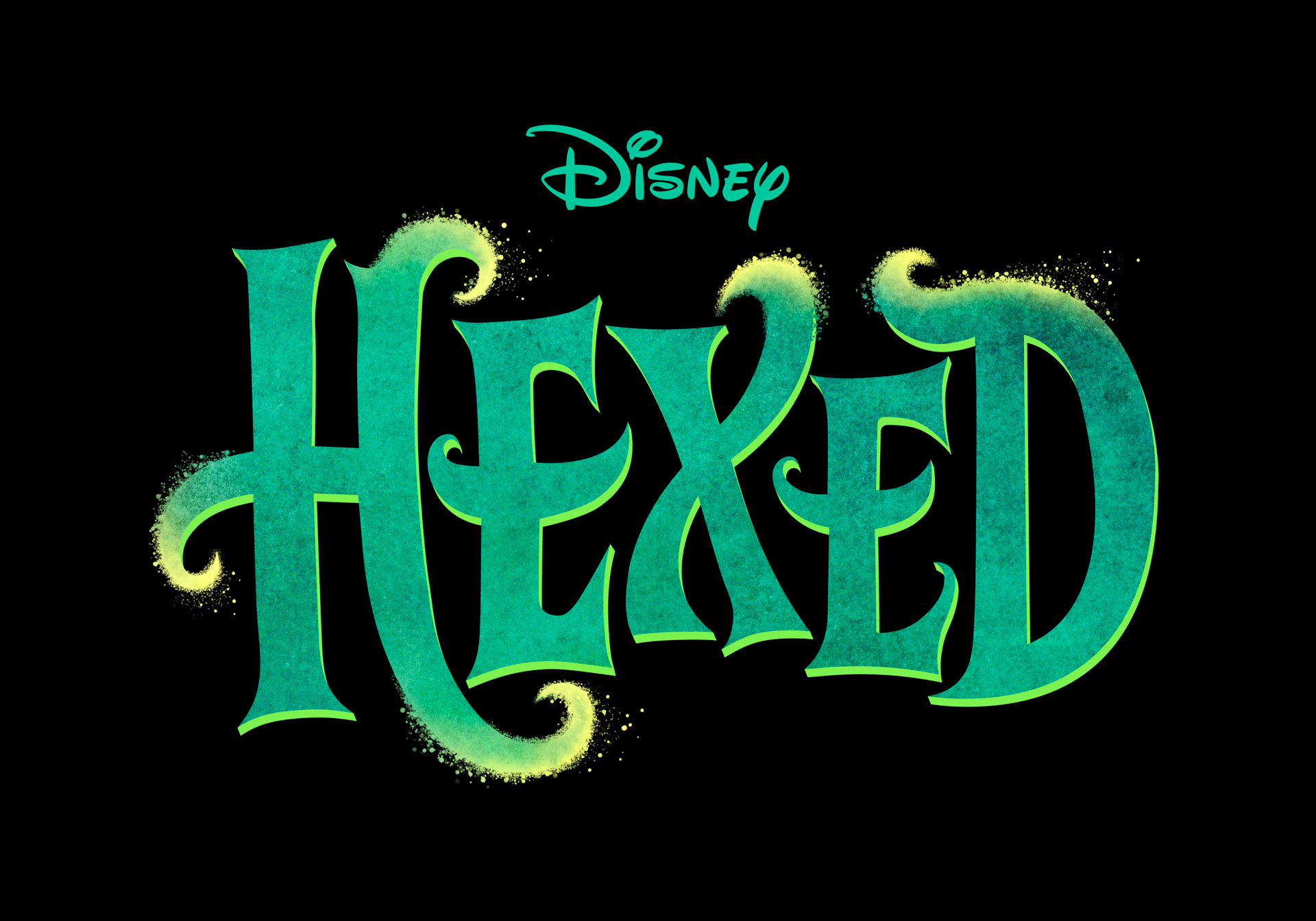 Shimmering green text sits against a black background. The Disney logo is at the top. Beneath that is a large logo that spells out the word Hexed in witchy lettering with yellow highlights.