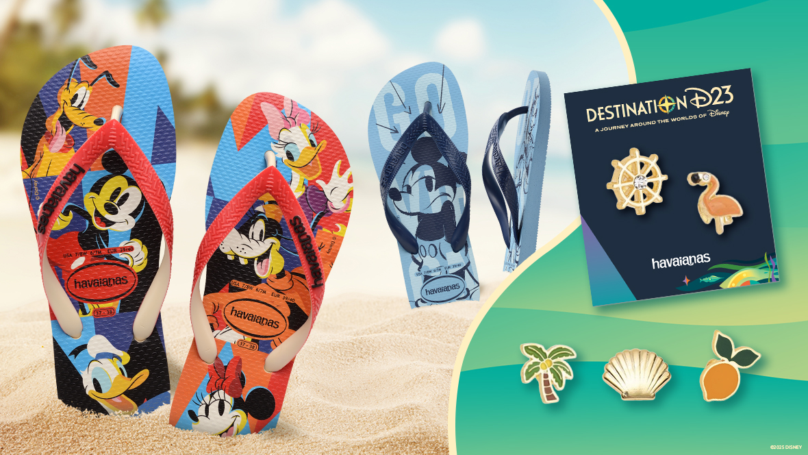 Havaianas Destination D23 Offer Two pairs of Havaianas flip-flops are displayed on a sandy beach. The first pair feature a multi-colored collage of Disney characters including Mickey Mouse, Minnie Mouse, Donald Duck, Goofy Daisy, and Pluto; in the center is an orange circular Havaianas logo. The second pair are blue and sport a grumpy looking Mickey Mouse. To the right of the flip-flop pairs are several charms displayed against a green background, including a flamingo, a ship’s wheel, a palm tree, a shell, and an orange.