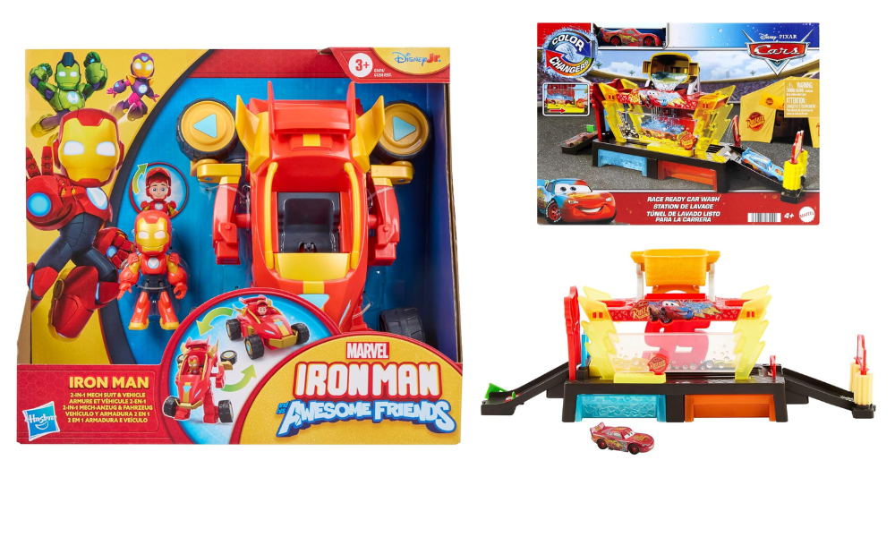 Collage includes a yellow and red box with Iron Man character visuals and a red and yellow car with moving parts. To the right is a Cars set with Lightning McQueen and a car wash station that is red, yellow, and blue bearing the number 95.