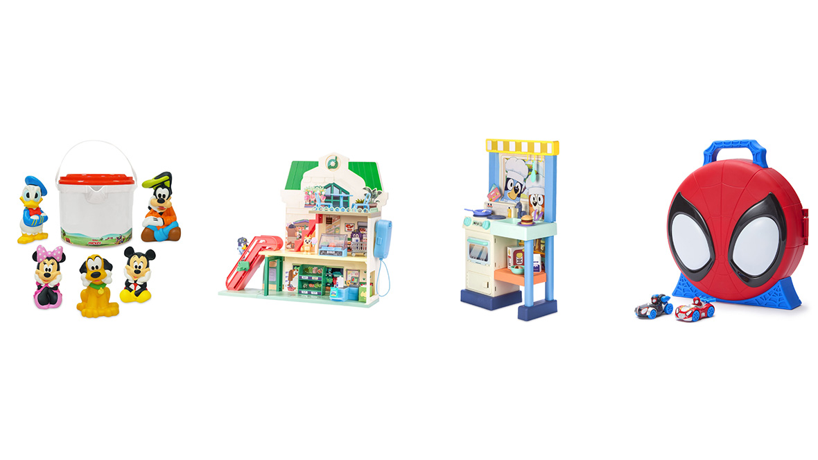 Product collage with bucket and character figurines to the left including: Donald Duck, Minnie Mouse, Pluto, Mickey Mouse and Goofy. Second image is a house with different levels and various characters from Bluey. The third image is a blue and creme colored kitchen set with Bluey characters. The image to the right is a case with Spider-Man's head and two small cars—black and red with little Spider-Man character figurines. 