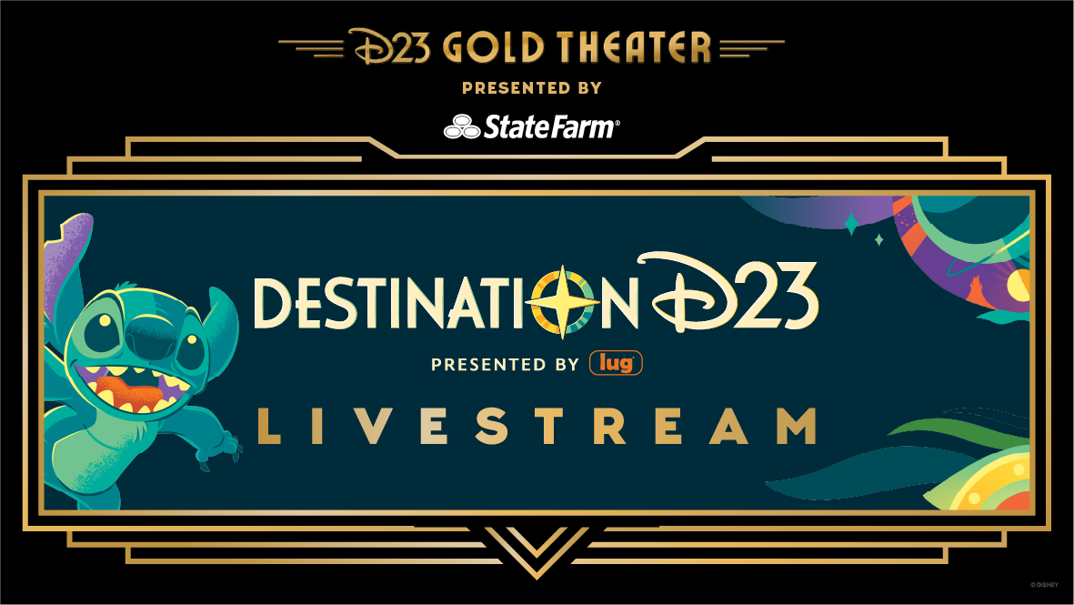 A promotional image for D23 Gold Theater. The design resembles a retro-style theater marquee, with gold accents and Art Deco-inspired lines framing the graphic. At the top, the marquee reads “D23 Gold Theater Presented by State Farm” in gold and white text against a black background. The center portion of the marquee reads “Destination D23, Presented by lug, Livestream,” with the “O” in “Destination” replaced by a stylized compass graphic--and “Livestream” in bold gold font. The image also features Stitch and stylized aquatic plants and planets in blues, greens, and purples.
