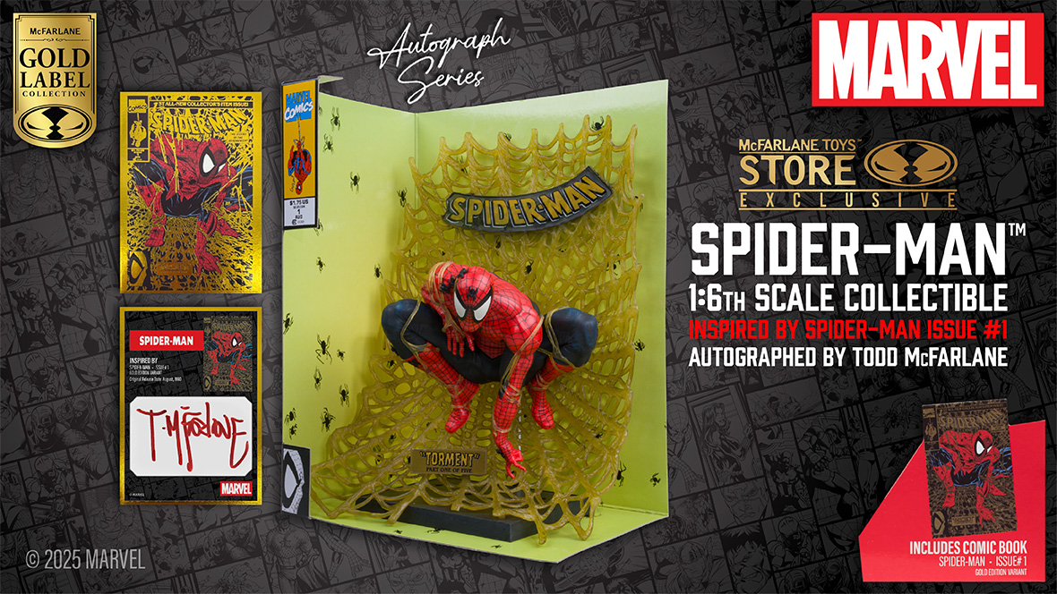 Spider-Man 1:6th scale figure in a black and gold color scheme, inspired by Marvel Comics’ Spider-Man #1 Gold Edition comic book, and includes a collectible art card signed by artist Todd McFarlane and a comic book.