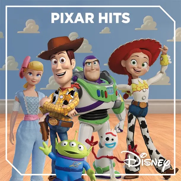 Toy Story characters Bo Peep, Woody, Buzz Lightyear, Jessie, Forky, and an alien stand smiling together in Andy’s room, under the title “PIXAR HITS” with a Disney logo in the corner.