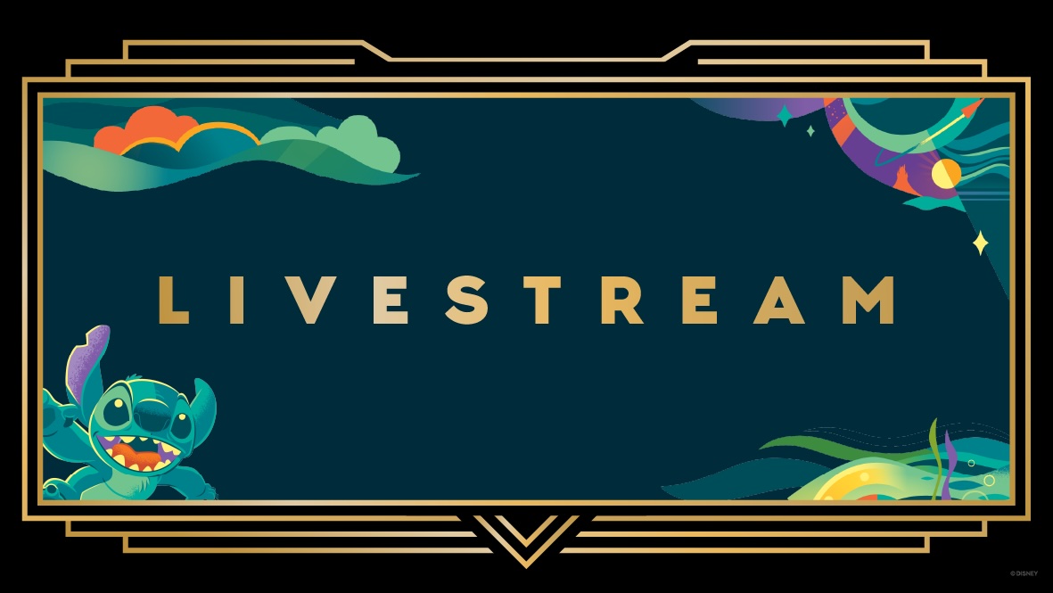 Illustration of Stitch holding a paddle in the bottom left corner with the word "LIVESTREAM" in bold gold letters centered on a dark blue background. The frame features vibrant art deco borders with colorful abstract shapes in the corners.