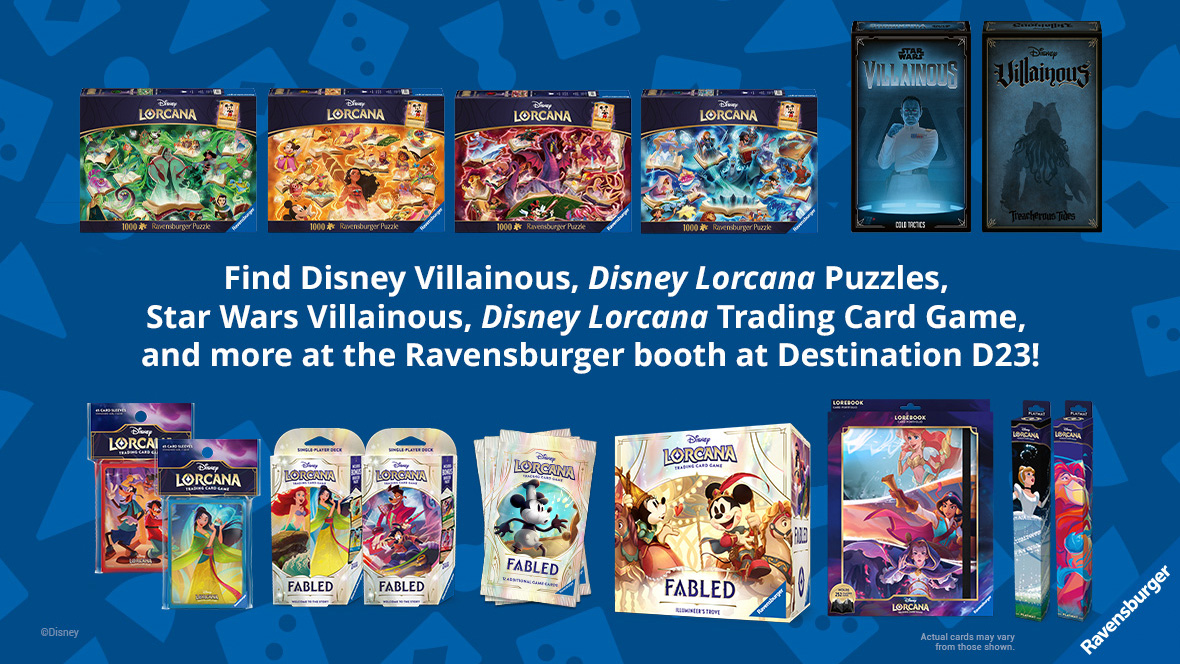 Ravensburger promotional image on a blue background–in the top row, from left to right, the following products are featured: Disney Lorcana puzzles including the Emerald, Amber, Ruby and Sapphire images, Star Wars Villainous featuring Grand Admiral Thrawn and Disney Villainous featuring Pirates of the Caribbean Davy Jones. The bottom row, from left to right, includes Disney Lorcana TCG card sleeves featuring, Mulan and Powerline Max, multiple characters of Disney Lorcana TCG’s Fabled collection, including Ariel, Mulan, Powerline Max, Cruella, Steamboat Willie, Mickey, and Minnie Mouse. Lastly, there is a Disney LorcanaTCG portfolio including images of Ariel, Jasmine and Belle, and playing mats featuring Cinderella and Mufusa.