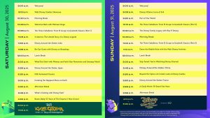 Two-day event schedule for Destination D23 2025 at Walt Disney World Resort, showing Saturday, August 30, and Sunday, August 31 programming blocks. The Saturday lineup includes sessions like “Walt Disney Studios Showcase,” “Be Our Guest with Disney on Broadway,” “What’Cha’ Doin’ with Phineas and Ferb’s Dan Povenmire and Swampy Marsh,” and “Boom, Baby! 25 Years of The Emperor’s New Groove,” plus the evening “Kuzcotopia Night” event. Sunday highlights include “Disney Villains: Icons of Evil,” “The Disney Family Legacy with Roy P. Disney,” “Beyond the Spires: An Insider Look at Disney Castles,” and “A Goofy Movie: 30 Stand Out Years,” ending with the “Disney ‘80s–’90s Celebration in Concert.”