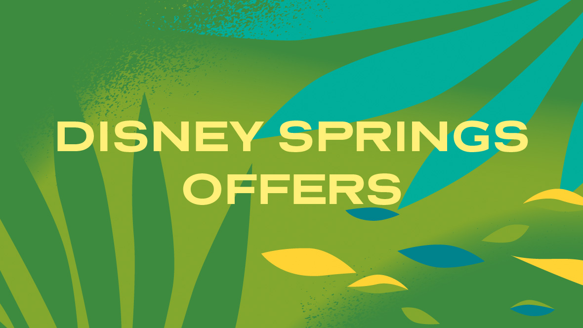 The words Disney Springs Offers appear in yellow against a green background that includes green, blue and yellow shapes to suggest an underwater setting.